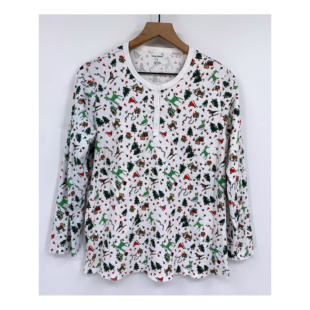Roller Rabbit Pajama Top Womens Large White Christmas Tree Reindeer Pajama Shirt